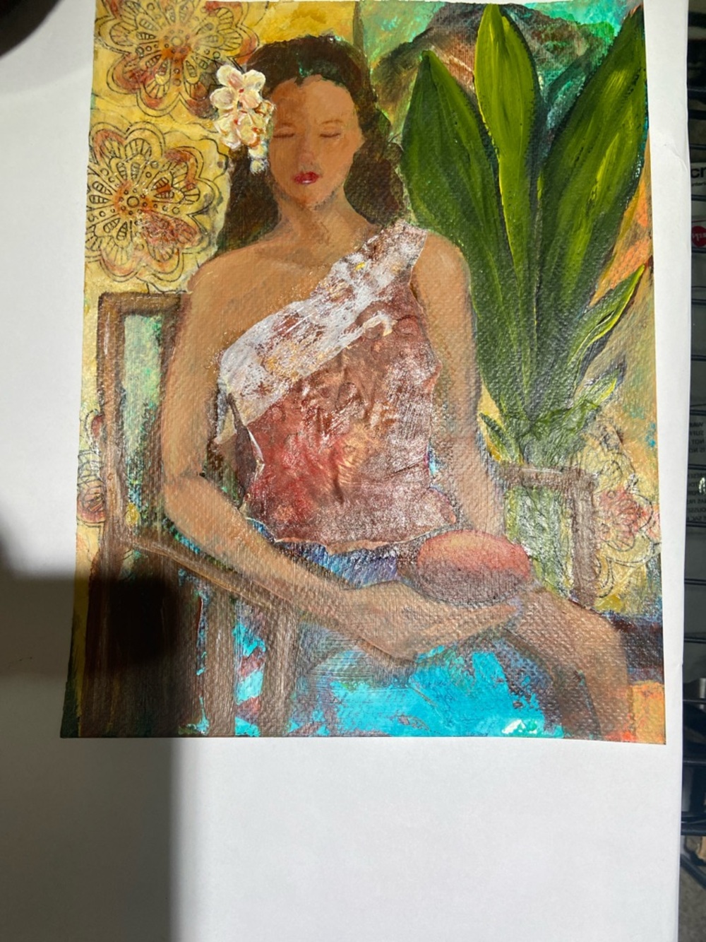 Hand-Painted Tropical Woman Mixed Media  Acrylic  Art– Red, Green, Blue - Picture 6 of 9